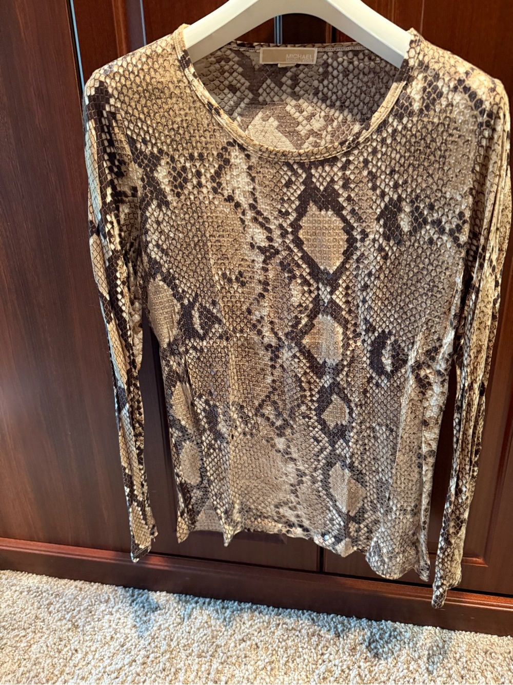 Michael Kors Snake-Print Long Sleeve Top — Tan & Black